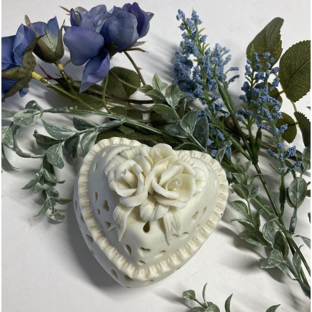 Vintage Porcelain Heart and Roses White Reticulated Trinket Box 3.5 in